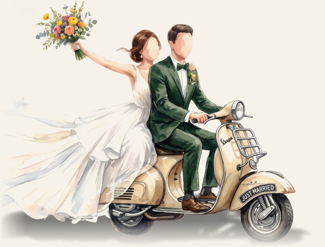 Gezeichnetes Brautpaar auf einer cremefarbenen Vespa mit „Just Married“-Schild, die Braut hält ihren Strauß in die Luft