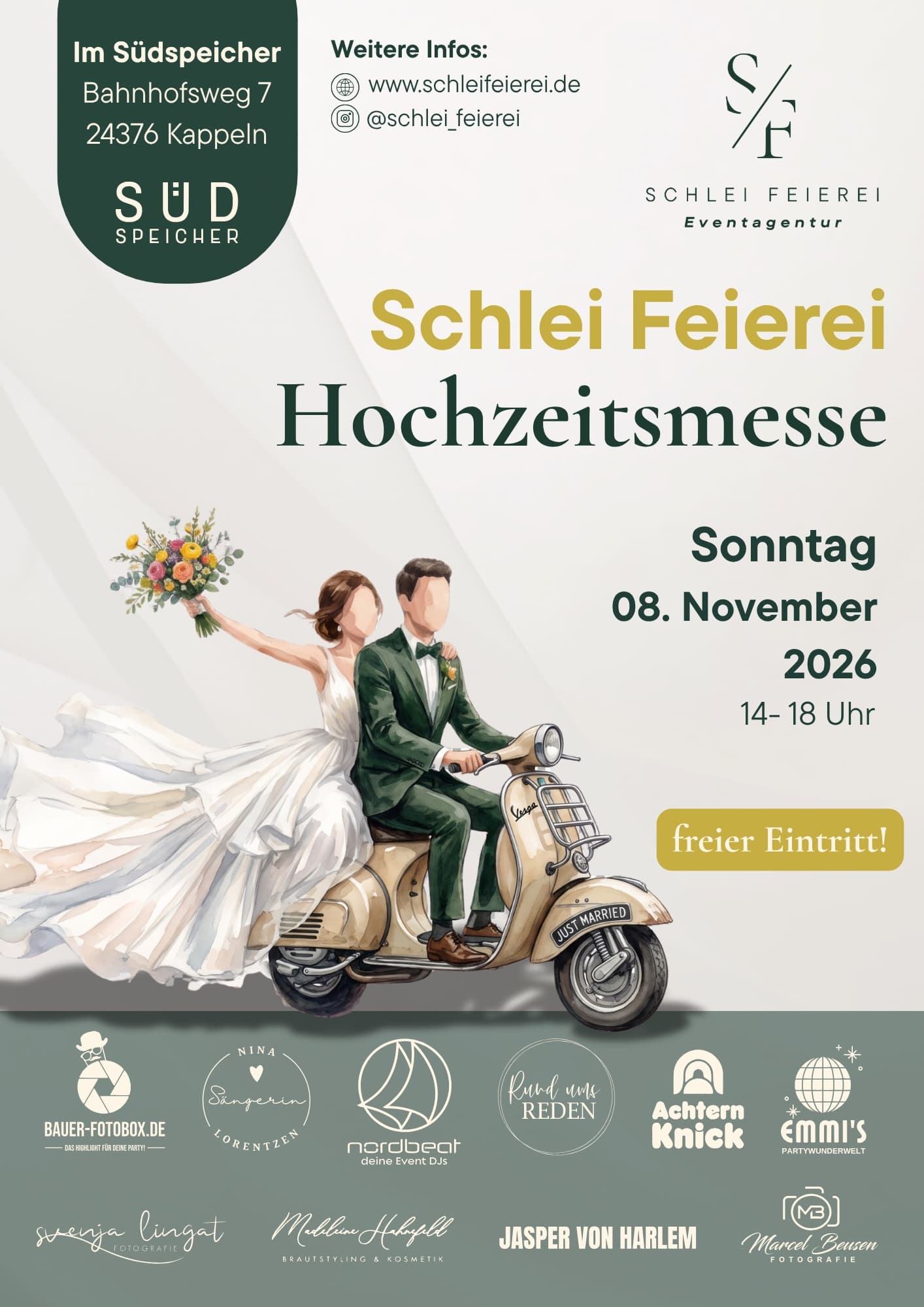 Plakat der Schlei Feierei Hochzeitsmesse: Sonntag, 8. November 2026, 14–18 Uhr, Südspeicher, Bahnhofsweg 7, 24376 Kappeln, freier Eintritt